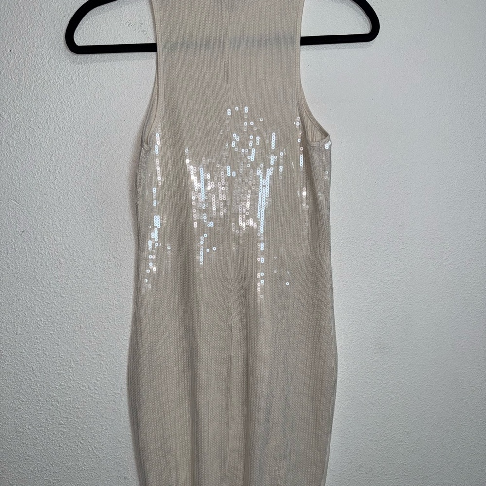 Express XS Cream Sequin Bodycon Mini Dress Ribbed Stretch Tank Y2K Party Club - Picture 7 of 8